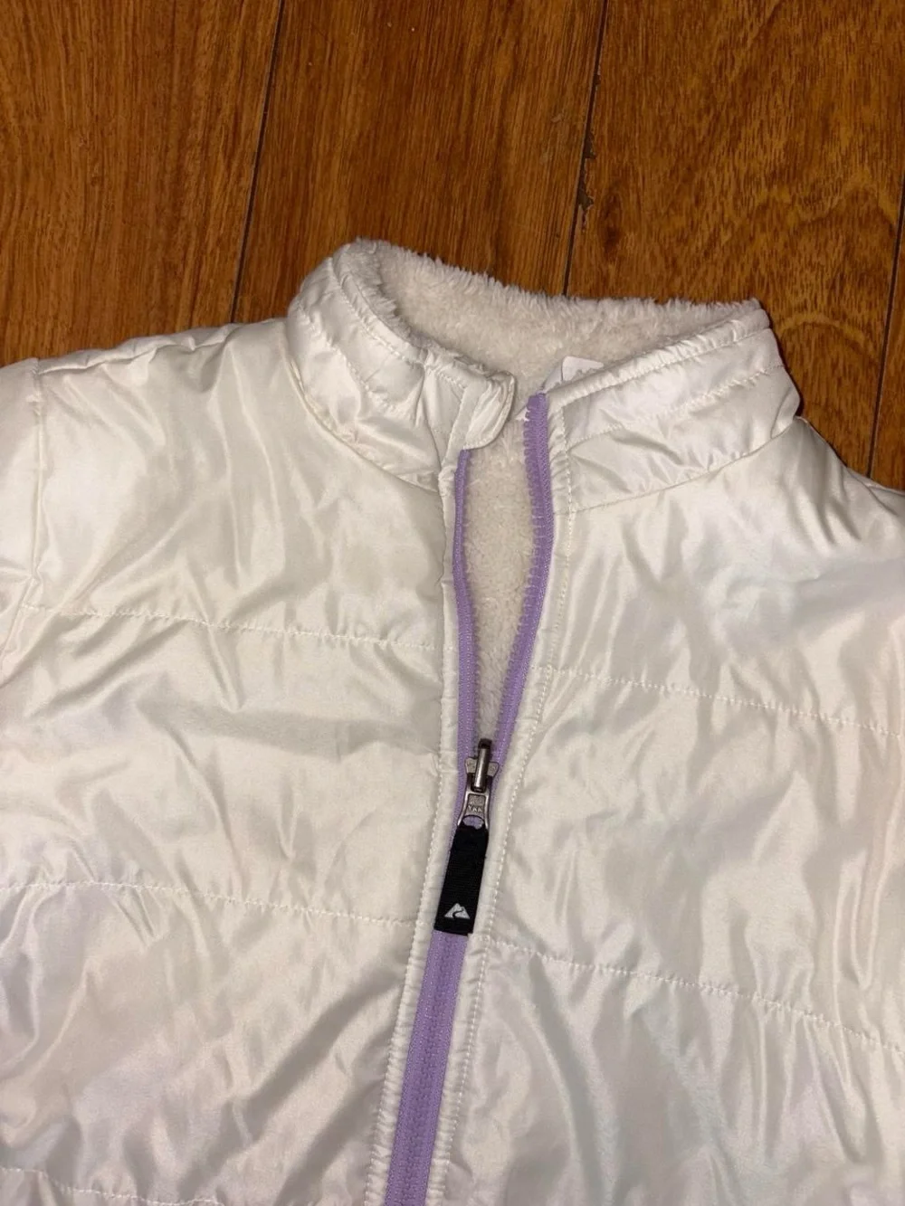 White and purple fleece lined puffer jacket